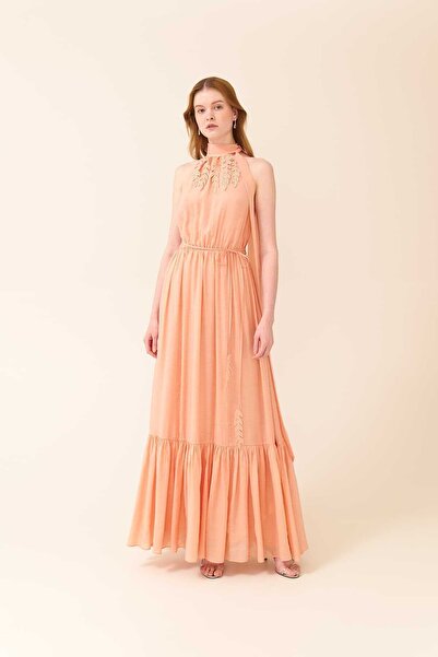 Roman Nakışlı Maksi Boy Elbise Somon Y2411323_020