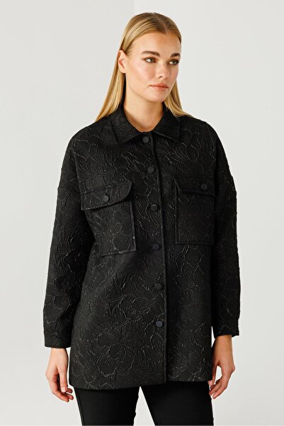 Moda İlgi Modailgi  Şömiziye Yaka Oversize Jakarlı Mont Siyah