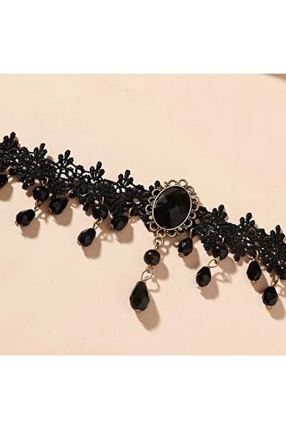 PİRAMİGO Gotik Punk Esintili Siyah Dantel Gerdanlık Kolye