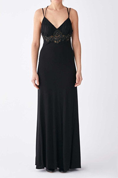 Roman Askılı Sırt Detaylı Taşlı Uzun Abiye Elbise Siyah K0865205_001