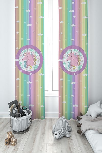 BAMBAŞKA MODA Baby and Children's Room Colorful Unicorn Pattern 2 Sash Background Curtain Ybp-8122