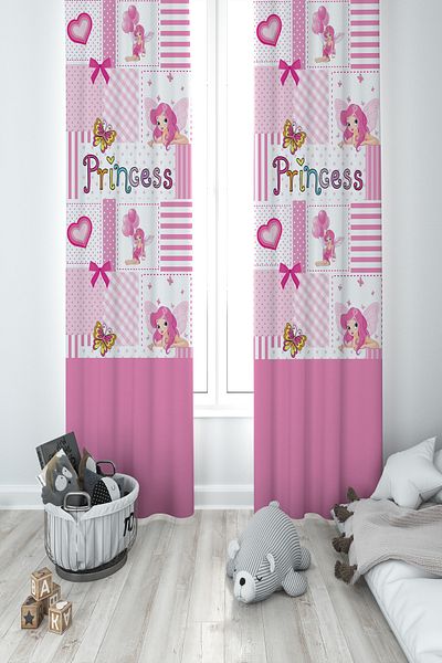 BAMBAŞKA MODA Baby and Children's Room Princess Patterned Pink 2 Wing Background Curtain Ybp-8201