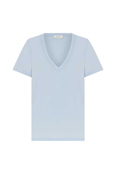 Roman V Yakalı Kadın Tişört Mavi Y2254201_036