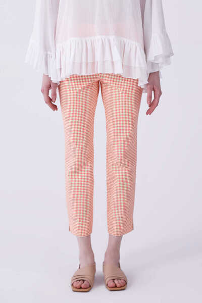 Roman Düz Paça Pötikareli Kadın Pantolon Oranj Y2112074_011