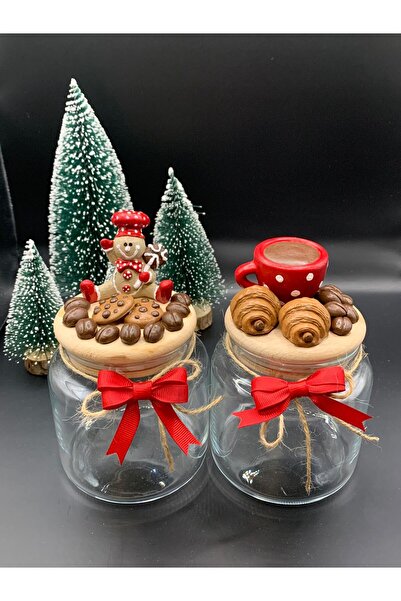 renklidüşler 2'li Kurabiye & Kahve Kavanozu Seti - Yılbaşı Kavanoz& Kutu Seti- 500 ml 2'li Kavanoz