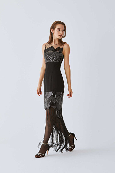 Roman Payetli Püsküllü Abiye Elbise Siyah K2011319_001