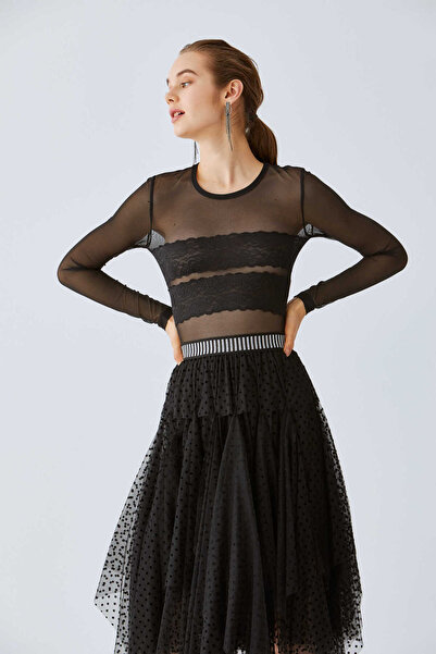 Roman Dantel İşlemeli Transparan Bluz Siyah K2013169_001