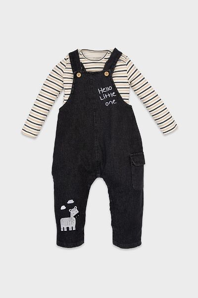 DeFacto 2-teiliges gestreiftes Set für Babys – Langarm-T-Shirt und Jeans-Salopet D4130a524wn