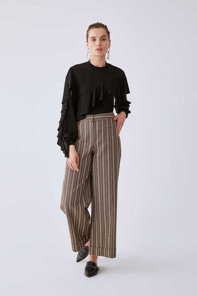 Roman Çizgili Geniş Kadın Pantolon Kahve K2012085_005