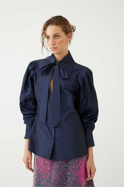 Roman Yakası Fularlı Uzun Kol Tafta Gömlek Lacivert K2413575_015