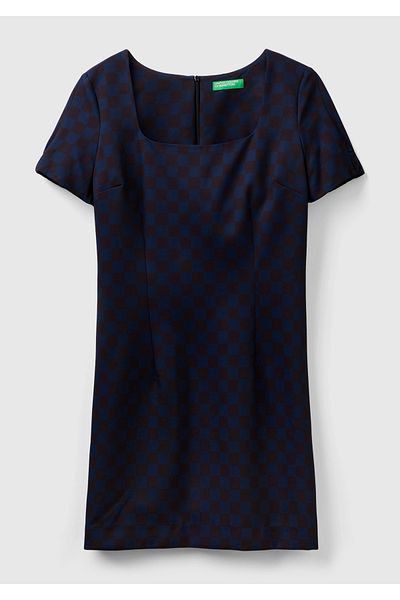 United Colors of Benetton Women's Navy Blue Mix Checkers Print Short Sleeve Square Neck Dress