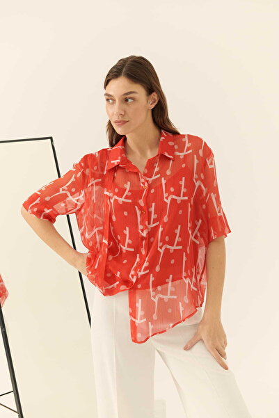 Roman Asimetrik Bağlamalı Desenli Şifon Kadın Gömlek Standart Renk Y2313582_089