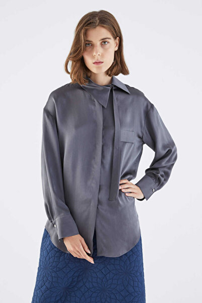 Roman %100 İpek Yaka Detaylı Gömlek Antrasit K2213557_046