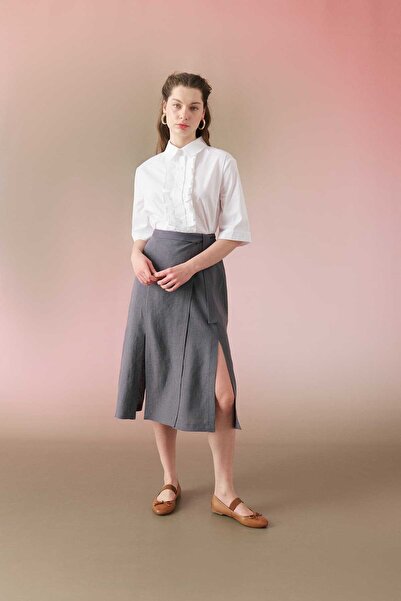 Roman Bağlamalı Yırtmaçlı Midi Keten Etek Antrasit Y2415038_046