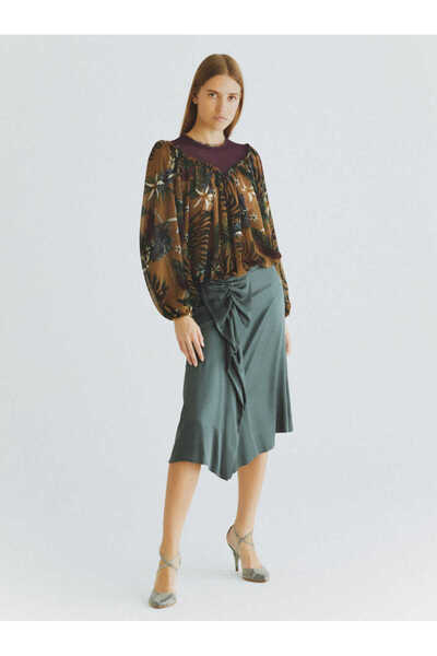 Roman %100 İpek Büzgü Detaylı Etek Yeşil K2015083_012
