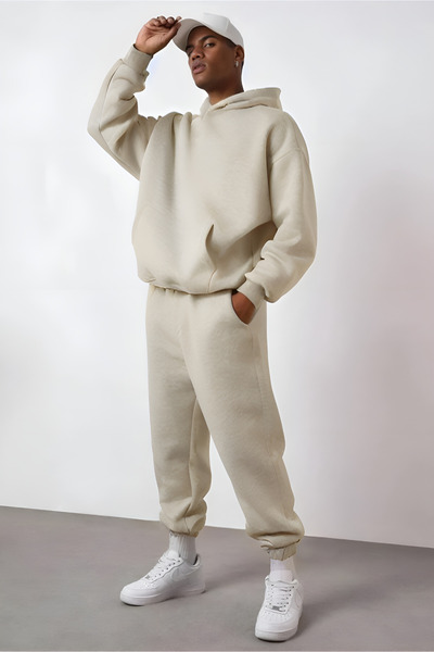 CMZ COLLECTİON Ανδρικό σετ φόρμας με φαρδιά γραμμή και κουκούλα, σε μεγάλο μέ...