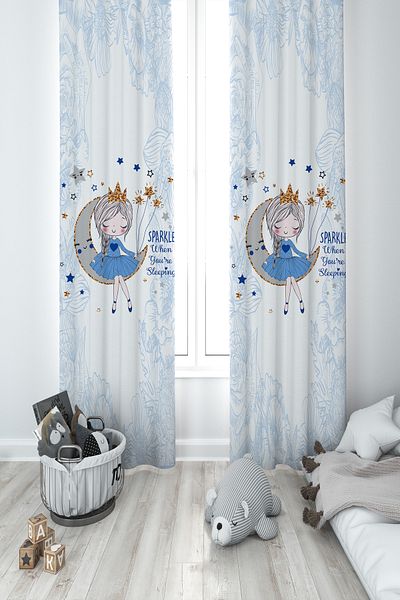 BAMBAŞKA MODA Baby and Children's Room Girl Sitting on the Moon Patterned Blue Motif 2 Wings Background Curtain Ybp-8363