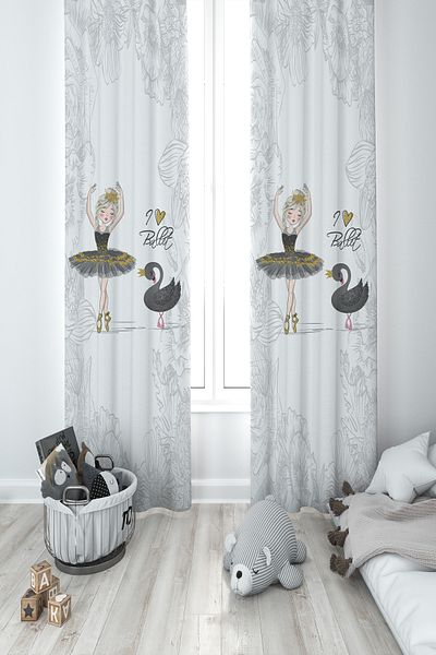 BAMBAŞKA MODA 2 Wings Background Curtain - Ballerina and Swan Pattern Motif Baby & Children's Room Ybp-8264