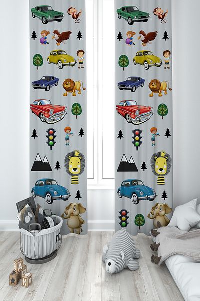 BAMBAŞKA MODA Baby and Children's Room Road and Animal Pattern 2 Wing Background Curtain Ybp-8398