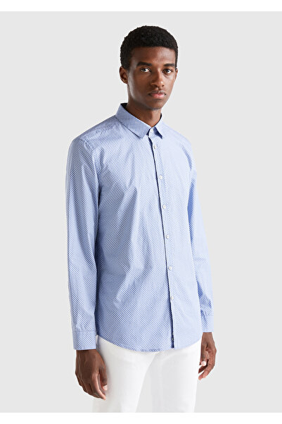 United Colors of Benetton Ανδρικό πουκάμισο μπλε 100% βαμβακερό με σχέδιο