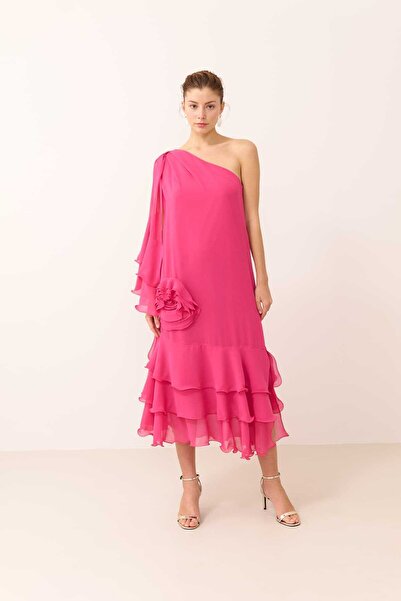 Roman Tek Omuz Gül Detaylı Midi Boy Elbise Fuşya Y2411330_003