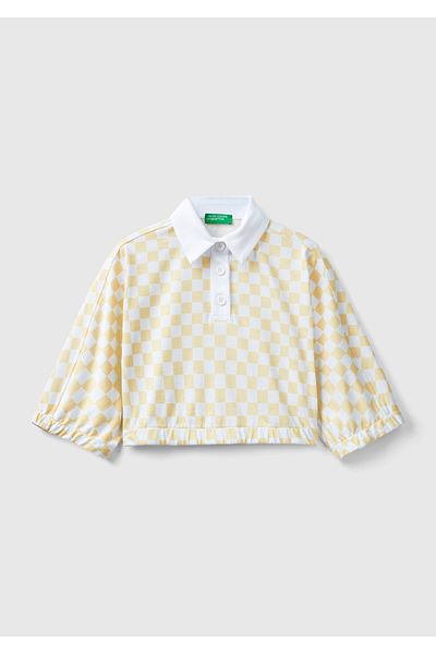 United Colors of Benetton Cămașă de damă din bumbac cu mânecă scurtă cu imprimeu în carouri galbene