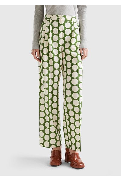 United Colors of Benetton Women's Green Polyviscose Polka Dot Wide Leg Pants