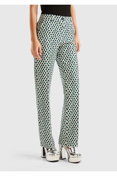 United Colors of Benetton Pantaloni de damă poliviscosi cu model de flori verzi - potrivire obișnuită