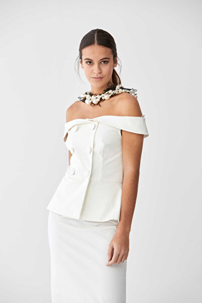 Roman Düğme Detaylı Straplez Bluz Beyaz Y2013143_002