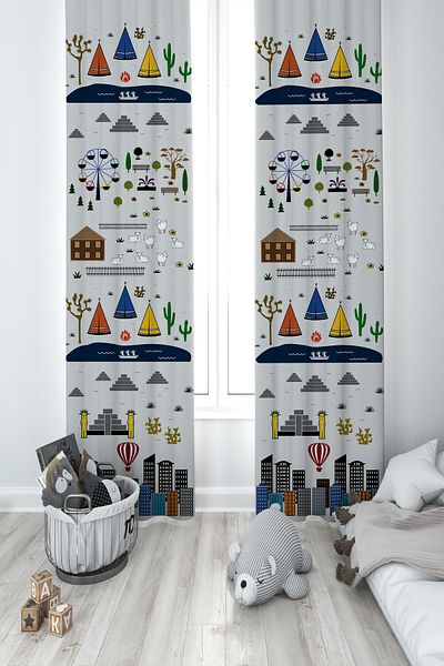 BAMBAŞKA MODA Baby and Children's Room Educational City Pattern Way 2 Wings Background Curtain Ybp-8232