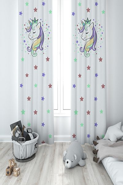 BAMBAŞKA MODA Baby and Children's Room Colorful Unicorn Pattern White 2 Wing Background Curtain Ybp-8084