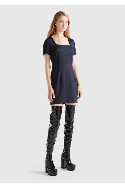 United Colors of Benetton Women's Navy Blue Mix Checkers Print Short Sleeve Square Neck Dress