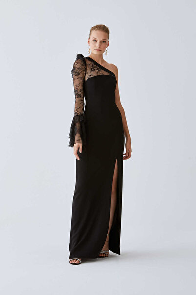 Roman Tek Omuz Yırtmaçlı  Abiye Elbise Siyah K2011373_001