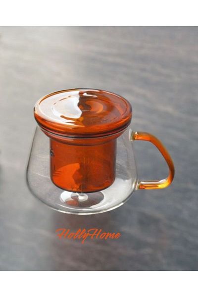HOLLYHOME 350ml Amber Heat Resistant Glass Mug Cup with Double Wall and Strainer - 7Hx9Cm