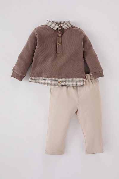 DeFacto 2-Piece Set for Baby Boy - Shirt Collar, Button, Thessaloniki Fabric, Top Waist Elastic, Bottom D5346A524Wn