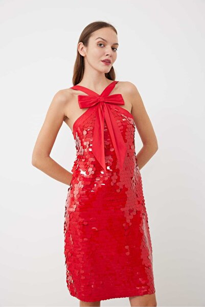 Roman Tafta Fiyonk Detaylı Diz Boy Payet Elbise Kırmızı K2411521_006