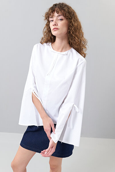 Roman Yırtmaçlı  İspanyol Kol Poplin Bluz Beyaz K2513017_002