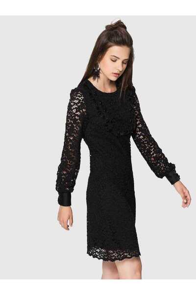 Roman Uzun Kol Dantelli İpek Elbise Siyah K1811003_001