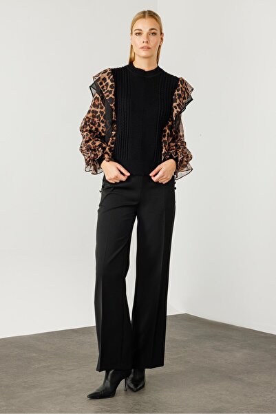Moda İlgi Modailgi  Kolları Şifon Leopar Desen Triko Bluz Vizon