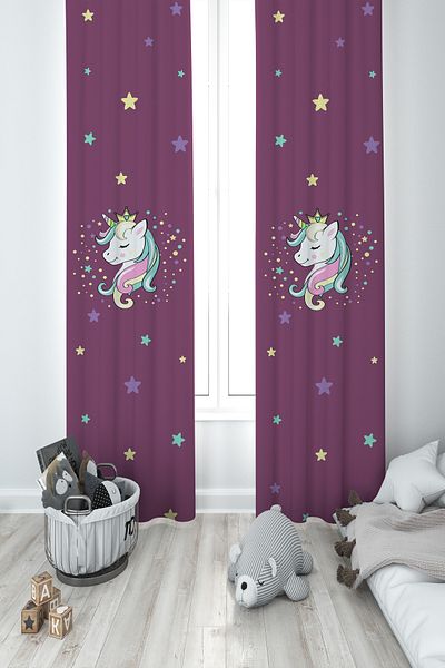 BAMBAŞKA MODA Baby and Children's Room Colorful Unicorn Pattern Purple 2 Wing Background Curtain Ybp-8083