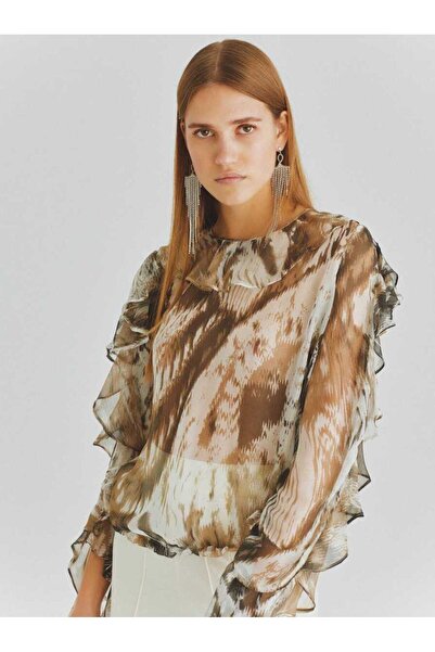 Roman %100 İpek Kolları Volanlı Desenli Bluz Standart Renk K2013165_089