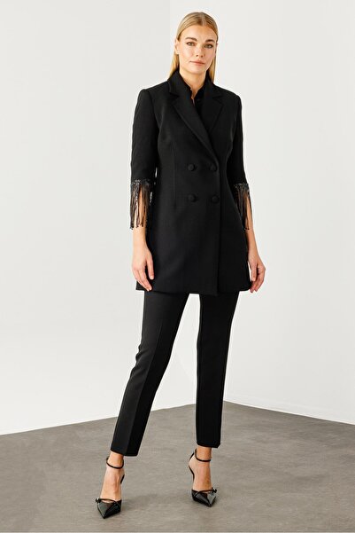 Moda İlgi Modailgi  Kolları Payet Püsküllü Kruvaze Ceket Siyah