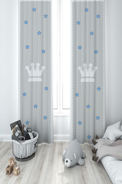 BAMBAŞKA MODA Baby and Children's Room 2 Wings Background Curtain with King Crown and Star Pattern Ybp-8118