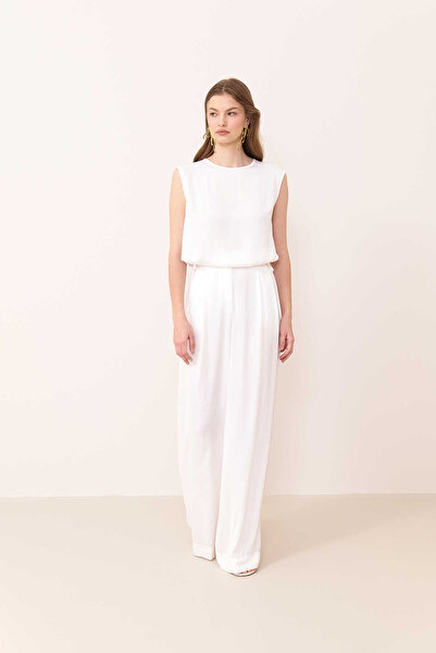 Roman Çift Pileli Geniş Paça Saten Pantolon Ekru Y2412007_049