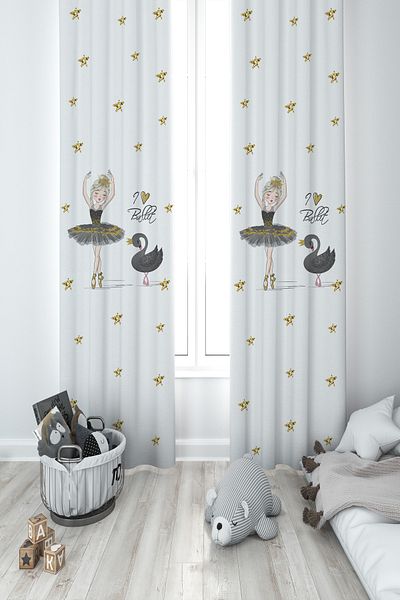 BAMBAŞKA MODA Baby and Children's Room Ballerina Girl and Swan Pattern 2 Wings Background Curtain Ybp-8006