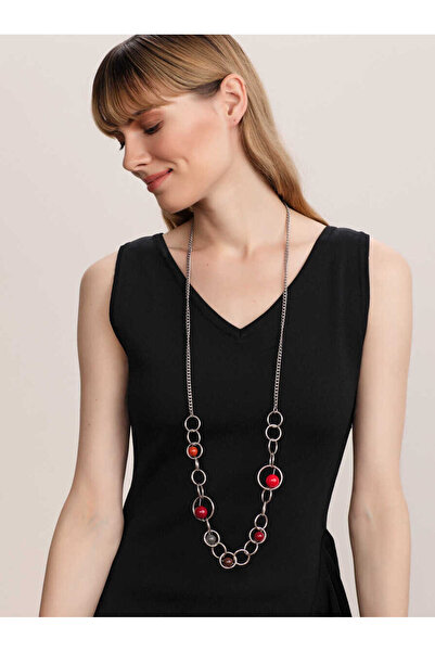 Roman Içiçe Geçmiş Halka ve Boncuk Detaylı Gümüş Kadın Kolye Standart Renk K2...