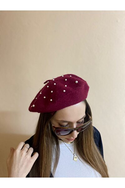 sema aksesuar قبعة رسام فرنسية باللون العنابي مع اللؤلؤ - قبعة - هدية عيد الح...