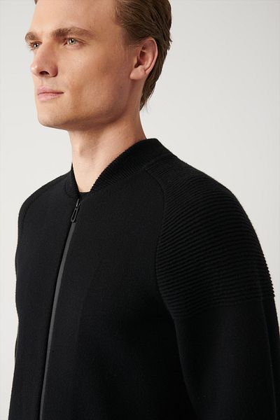 Avva Schwarze Strickjacke aus Stahl mit Bomberkragen und Reißverschluss für Herren A32y5118