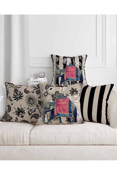Şah Dekor Black Color Ethnic Indian Elephant Patterned Digital Printed 4-Piece Seat Pillow and Throw Pillow Cover Set