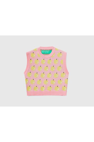 United Colors of Benetton Damen-Crop-Pullover aus Baumwolle mit Fruchtmuster